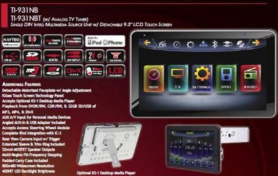 Farenheit TI-931NB 9.3 Single DIN Navigation Ready Multimedia Receiver with BlueTooth V2.1 EDR, Detachable for Optional Home Docking