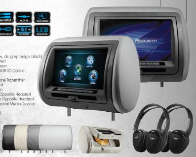 Power Acoustik HDVD-909CC DUAL Touch Screen 9 Inch LCD/DVD/USB/SD Universal Headrest Kit with Changeable Color Skins Grey/Beige/Black