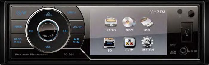 Power Acoustik PD-344 Single DIN 3.4  LCD / DVD A/V Receiver with SD / USB / Aux